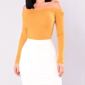 yellow long sleeve off the shoulder top